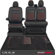 Load image into Gallery viewer, New VW Transporter T7 Panel Van INKA Front Bentley Leatherette Tailored Seat Covers &amp; Matching Tailored Floor Mat Black MY25 Onwards - Sport-Series Embroidery
