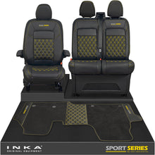 Load image into Gallery viewer, New VW Transporter T7 Panel Van INKA Front Bentley Leatherette Tailored Seat Covers &amp; Matching Tailored Floor Mat Black MY25 Onwards - Sport-Series Embroidery
