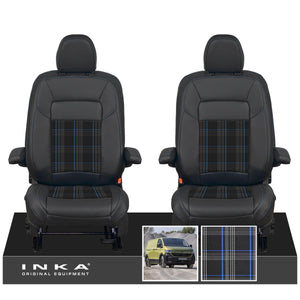 New VW Transporter T7 Panel Van INKA Front Leatherette Tartan Tailored Seat Covers Set Black MY25 Onwards