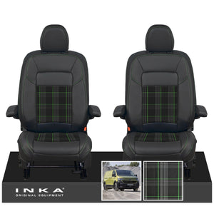 New VW Transporter T7 Panel Van INKA Front Leatherette Tartan Tailored Seat Covers Set Black MY25 Onwards