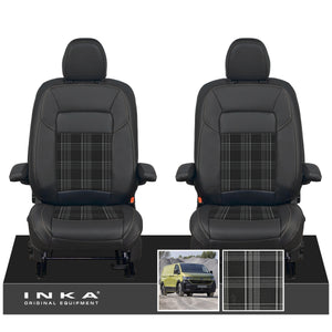 New VW Transporter T7 Panel Van INKA Front Leatherette Tartan Tailored Seat Covers Set Black MY25 Onwards