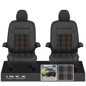 New VW Transporter T7 Panel Van INKA Front Leatherette Tartan Tailored Seat Covers Set Black MY25 Onwards