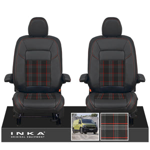 New VW Transporter T7 Panel Van INKA Front Leatherette Tartan Tailored Seat Covers Set Black MY25 Onwards
