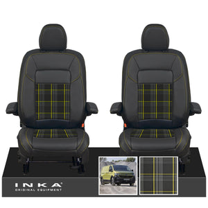 New VW Transporter T7 Panel Van INKA Front Leatherette Tartan Tailored Seat Covers Set Black MY25 Onwards