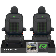 Load image into Gallery viewer, New VW Transporter T7 Panel Van INKA Front Leatherette Tartan Tailored Seat Cover Set Black MY25 Onwards - R-Series Embroidery
