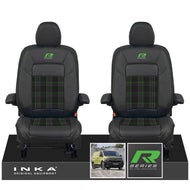 New VW Transporter T7 Panel Van INKA Front Leatherette Tartan Tailored Seat Cover Set Black MY25 Onwards - R-Series Embroidery