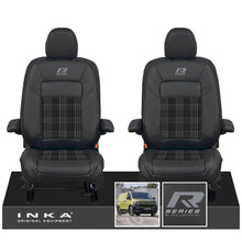 Load image into Gallery viewer, New VW Transporter T7 Panel Van INKA Front Leatherette Tartan Tailored Seat Cover Set Black MY25 Onwards - R-Series Embroidery

