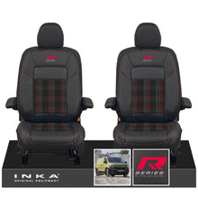Load image into Gallery viewer, New VW Transporter T7 Panel Van INKA Front Leatherette Tartan Tailored Seat Cover Set Black MY25 Onwards - R-Series Embroidery
