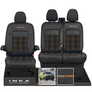 New VW Transporter T7 Panel Van INKA Front Leatherette Tartan Tailored Seat Cover Set Black MY25 Onwards - Sport-Series Embroidery