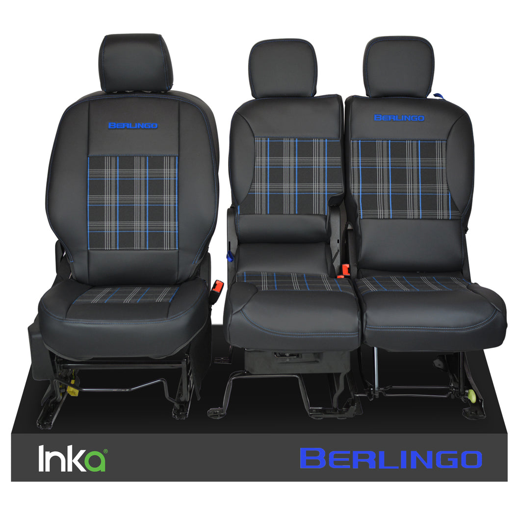 Citroen Berlingo INKA Front 1+2 Tailored Tartan Front Leatherette Seat Covers Black MY18+ MARK 3