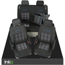 Load image into Gallery viewer, VW California T6.1, T6, T5.1, T5 Ocean, Coast, Beach, SE, Surf INKA Tailored Front &amp; Rear Embroidred GTi Tartan Centres Seat Covers [Choice of 6 colours]
