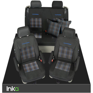 VW California T6.1, T6, T5.1, T5 Ocean, Coast, Beach, SE, Surf INKA Tailored Front & Rear Embroidred GTi Tartan Centres Seat Covers [Choice of 6 colours]