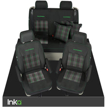 Load image into Gallery viewer, VW California T6.1, T6, T5.1, T5 Ocean, Coast, Beach, SE, Surf INKA Tailored Front &amp; Rear Embroidred GTi Tartan Centres Seat Covers [Choice of 6 colours]
