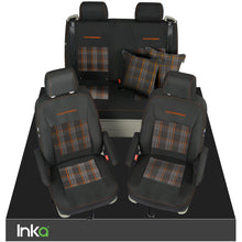 Load image into Gallery viewer, VW California T6.1, T6, T5.1, T5 Ocean, Coast, Beach, SE, Surf INKA Tailored Front &amp; Rear Embroidred GTi Tartan Centres Seat Covers [Choice of 6 colours]
