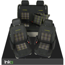 Load image into Gallery viewer, VW California T6.1, T6, T5.1, T5 Ocean, Coast, Beach, SE, Surf INKA Tailored Front &amp; Rear Embroidred GTi Tartan Centres Seat Covers [Choice of 6 colours]
