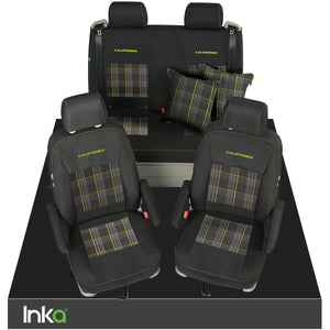 VW California T6.1, T6, T5.1, T5 Ocean, Coast, Beach, SE, Surf INKA Tailored Front & Rear Embroidred GTi Tartan Centres Seat Covers [Choice of 6 colours]