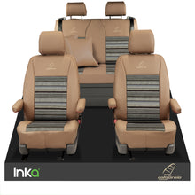 Load image into Gallery viewer, VW California T6.1 T6 T5 Ocean, Coast, SE Tailored Lifestyle Leatherette Seat Covers, Second Skin Tan , Cream combination with bespoke embroidery as image
