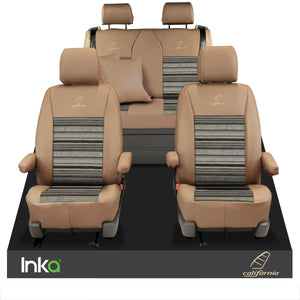 VW California T6.1 T6 T5 Ocean, Surf, Coast, SE Tailored Lifestyle Leatherette Seat Covers, Second Skin Tan , Cream combination with bespoke embroidery as image