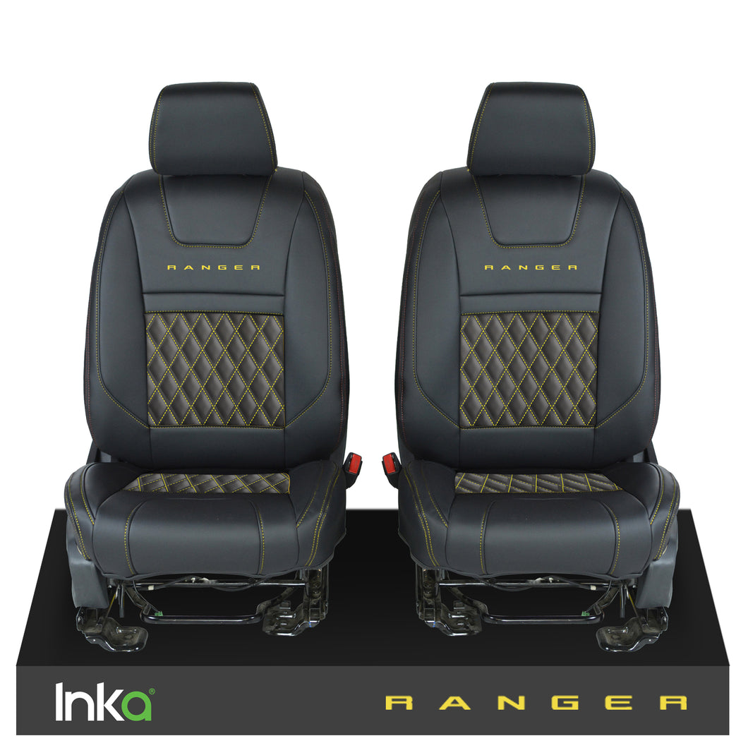 Ford Ranger T6 INKA Front Tailored Seat Covers Black Bentley Diamond Quilt - MY-2011+ ( Choice of 6 Colours )