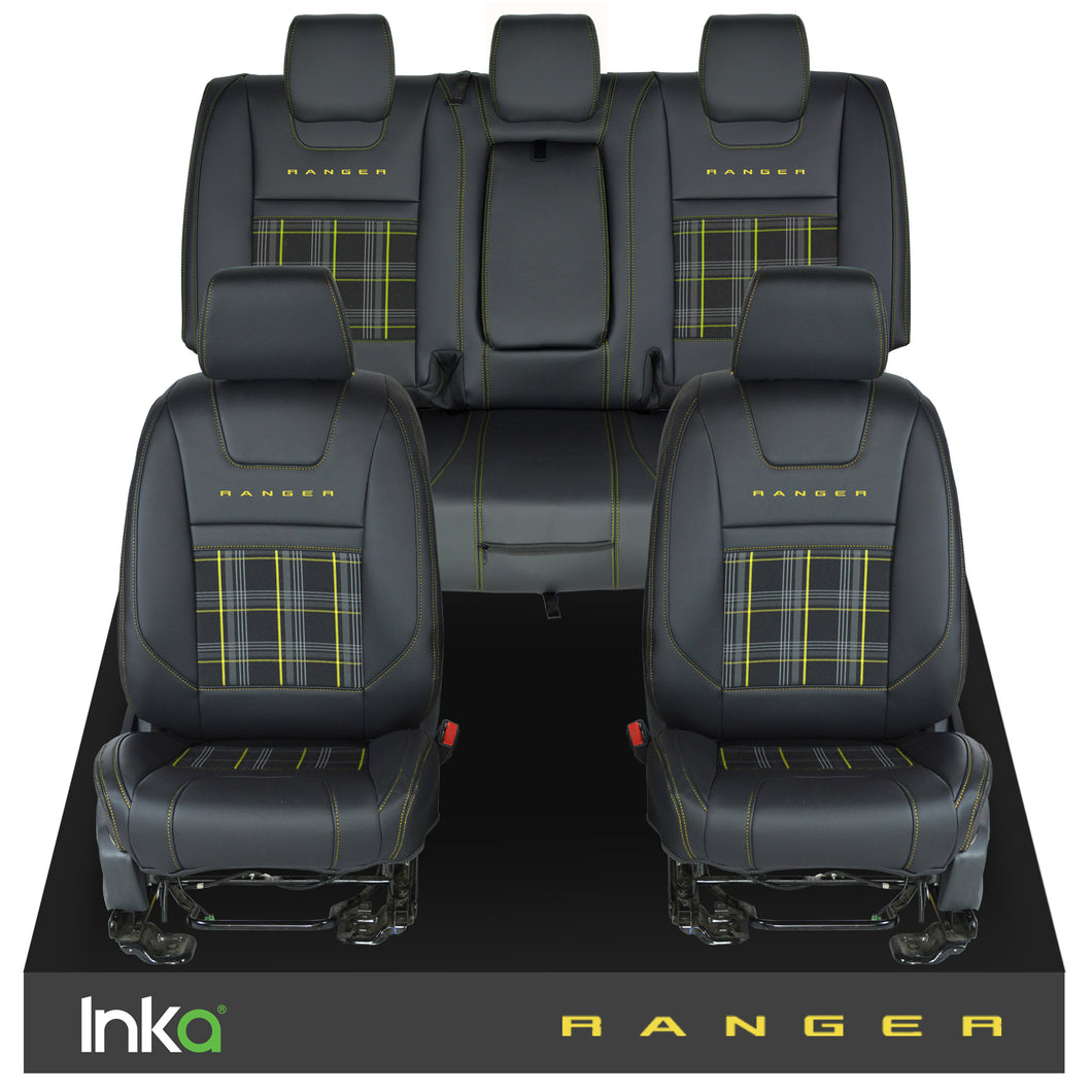 Ford Ranger T6 INKA Front & Rear GTi Tartan Tailored Seat Covers Black- MY-2011+ ( Choice of 6 Colours )