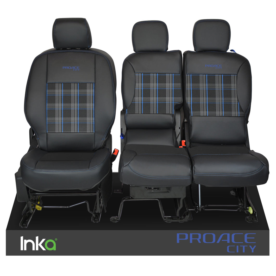 Toyota Proace City INKA Front 1+2 Tailored GTi Tartan Leatherette Seat Covers Black MY18+