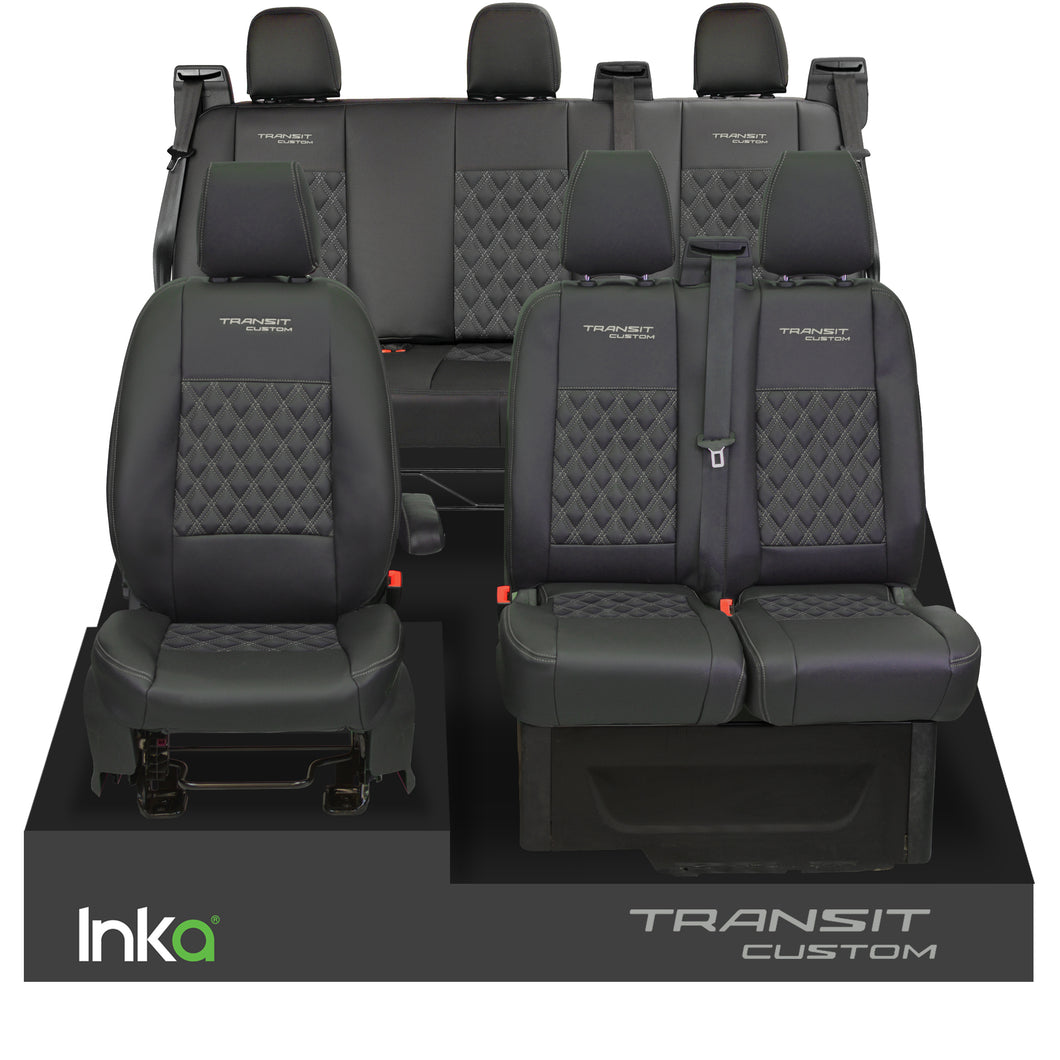 Ford Transit Custom INKA Front & Rear Triple Seat Covers Black Bentley Diamond Quilt MY 2012-2023