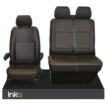 Load image into Gallery viewer, VW Transporter T6,T5 Front INKA Tailored Seat Covers Black OEM Vinyl Leatherette MY10 onwards,White Stitch,MATT LEATHER LOOK &amp; FEEL 1+2
