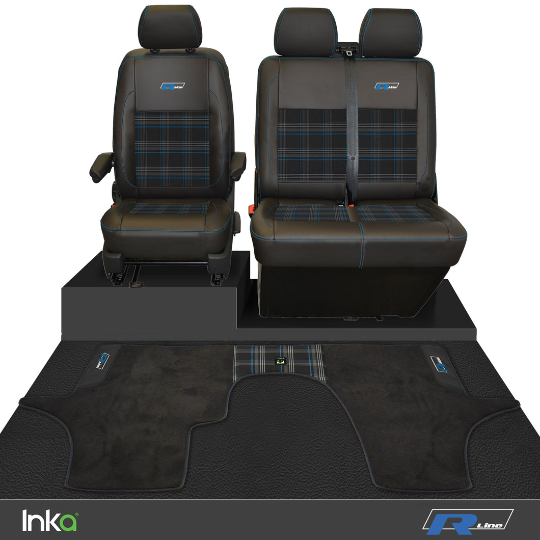 VW Transporter T6.1,T6,T5.1 R-Line Front 1+2 GTi Tartan Tailored Seat Covers & Matching Tailored Floor Mat ( Choice of 6 Colours )