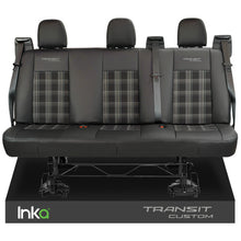 Load image into Gallery viewer, Ford Transit Custom Tailored Rear Triple Bench Double Cab Black Seat Covers OEM Leatherette Leather Look MY 2012-23 with GTi Tartan Centres
