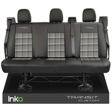 Load image into Gallery viewer, Ford Transit Custom Tailored Rear Triple Bench Double Cab Black Seat Covers OEM Leatherette Leather Look MY 2012-23 with GTi Tartan Centres

