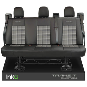 Ford Transit Custom Tailored Rear Triple Bench Double Cab Black Seat Covers OEM Leatherette Leather Look MY 2012-23 with GTi Tartan Centres