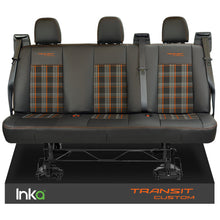 Load image into Gallery viewer, Ford Transit Custom Tailored Rear Triple Bench Double Cab Black Seat Covers OEM Leatherette Leather Look MY 2012-23 with GTi Tartan Centres
