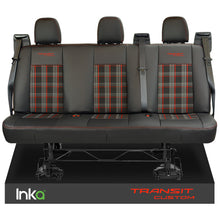 Load image into Gallery viewer, Ford Transit Custom Tailored Rear Triple Bench Double Cab Black Seat Covers OEM Leatherette Leather Look MY 2012-23 with GTi Tartan Centres
