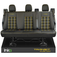 Load image into Gallery viewer, Ford Transit Custom Tailored Rear Triple Bench Double Cab Black Seat Covers OEM Leatherette Leather Look MY 2012-23 with GTi Tartan Centres
