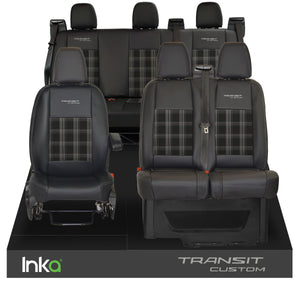 Ford Transit Custom Double Cab Front & Rear Triple INKA Tailored Seat Covers Black OEM Vinyl Leatherette MY2012-23