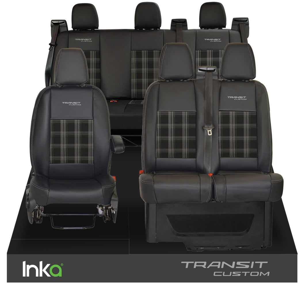 Ford Transit Custom Double Cab Front & Rear Triple INKA Tailored Seat Covers Black OEM Vinyl Leatherette MY2012-23