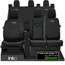 Load image into Gallery viewer, Ford Transit Custom Sport Front 1+2 &amp; Rear Triple INKA Tailored Waterproof Seat Covers Black [Choice of 6 Embroidery Colours] MY2012 - 2023
