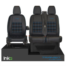 Load image into Gallery viewer, INKA Tailored Ford Transit Custom Front Seat Covers Black 1+2 Vinyl Leatherette coloured GTi Tartan Centres [Choice of 7 colours]
