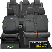 Load image into Gallery viewer, Ford Transit Custom Crew Cab Sport Front &amp; Rear 2+1 SPLIT Tailored Waterproof Seat Covers Embroidery Grey [Choice of 6 Colours]

