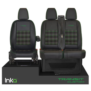 INKA Tailored Ford Transit Custom Front Seat Covers Black 1+2 Vinyl Leatherette coloured GTi Tartan Centres [Choice of 7 colours]