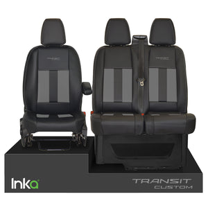 INKA Tailored Ford Transit Custom Front Seat Covers Black 1+2 OEM Vinyl Matt Leatherette with Embroidery [Choice of 6 colours]