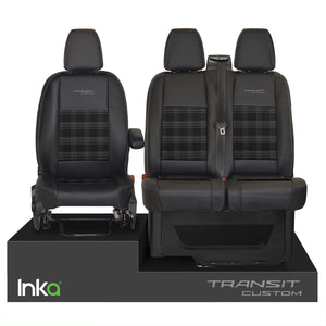 INKA Tailored Ford Transit Custom Front Seat Covers Black 1+2 Vinyl Leatherette coloured GTi Tartan Centres [Choice of 7 colours]