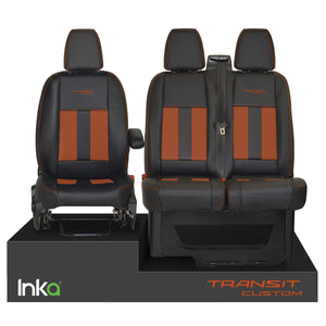 INKA Tailored Ford Transit Custom Front Seat Covers Black 1+2 OEM Vinyl Matt Leatherette with Embroidery [Choice of 6 colours]