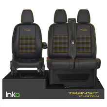 Load image into Gallery viewer, INKA Tailored Ford Transit Custom Front Seat Covers Black 1+2 Vinyl Leatherette coloured GTi Tartan Centres [Choice of 7 colours]
