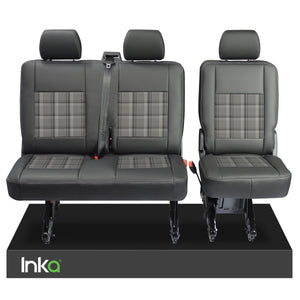INKA Tailored VW Transporter T6, T6.1, T5.1, T5 - 2+1 Rear Seat Covers Black Matt Leatherette with coloured GTi Tartan Centres [Choice of 7 colours]
