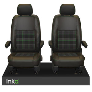 INKA Tailored VW Transporter T6, T6.1 & T5.1 Front Seat Covers Black 1+1 Matt Leatherette with coloured GTi Tartan Centres [Choice of 7 colours]