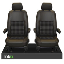 Load image into Gallery viewer, INKA Tailored VW Transporter T6, T6.1 &amp; T5.1 Front Seat Covers Black 1+1 Matt Leatherette with coloured GTi Tartan Centres [Choice of 7 colours]
