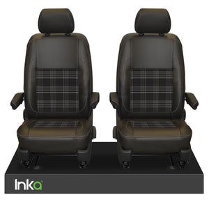 INKA Tailored VW Transporter T6, T6.1 & T5.1 Front Seat Covers Black 1+1 Matt Leatherette with coloured GTi Tartan Centres [Choice of 7 colours]
