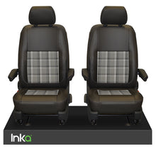 Load image into Gallery viewer, INKA Tailored VW Transporter T6, T6.1 &amp; T5.1 Front Seat Covers Black 1+1 Matt Leatherette with coloured GTi Tartan Centres [Choice of 7 colours]
