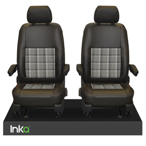 INKA Tailored VW Transporter T6, T6.1 & T5.1 Front Seat Covers Black 1+1 Matt Leatherette with coloured GTi Tartan Centres [Choice of 7 colours]